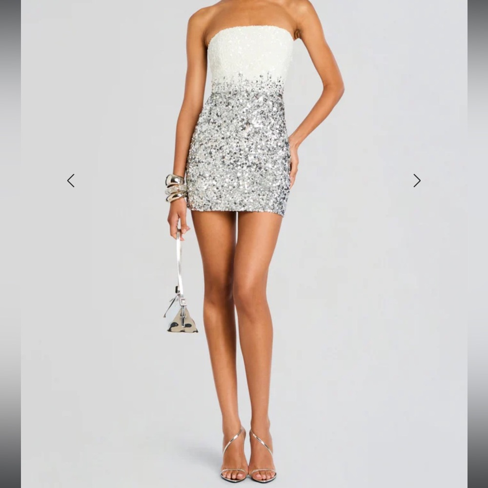 Retrofete White and Silver Sequin Strapless Mini Dress